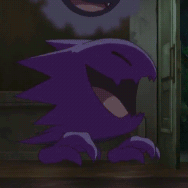 Haunter from Pokemon (purple floating ghost creature), looking and laughing.