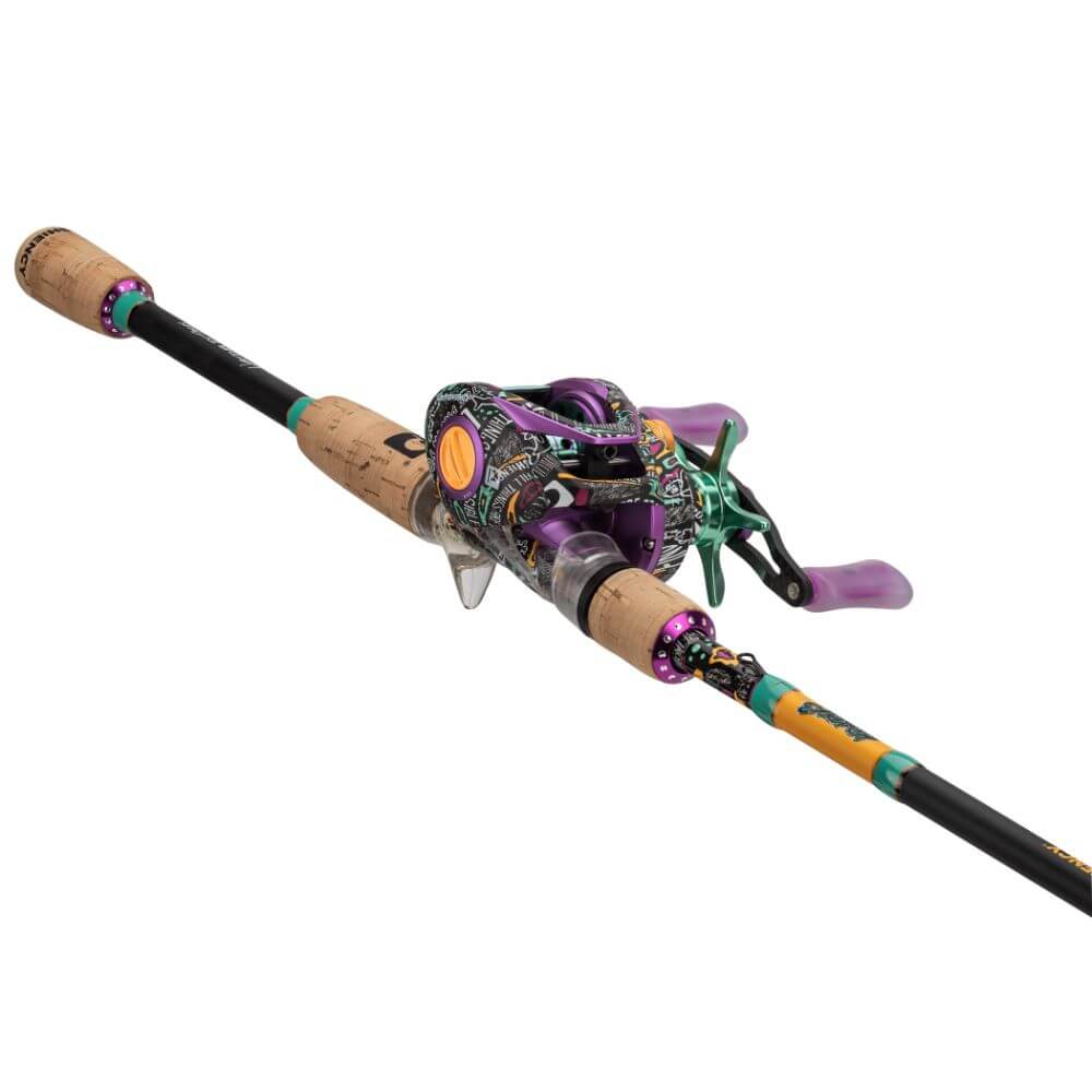 A wooden fishing rod with a reel, along with black, purple, and teal colors scattered across it, on a white background.