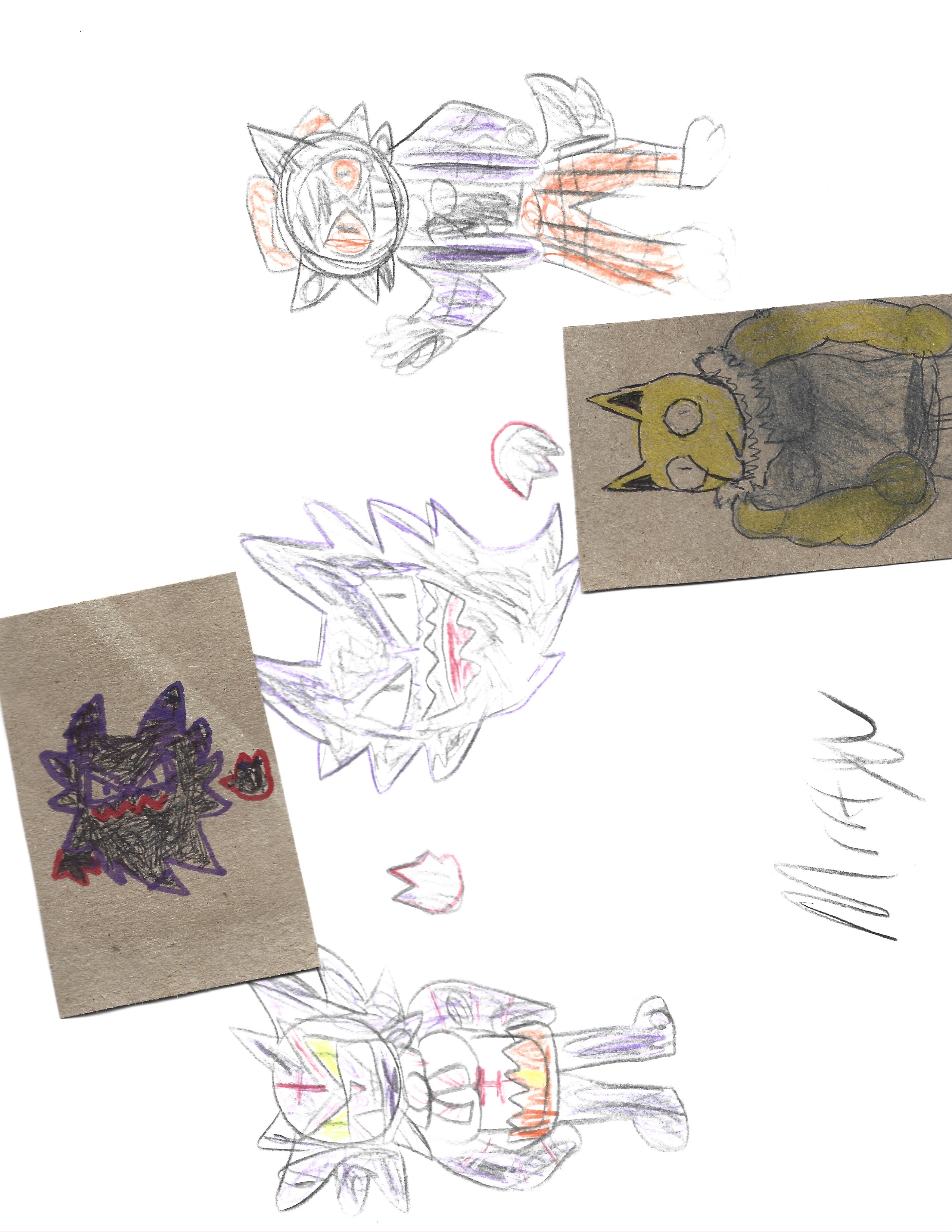 A collage of traditional drawings of original characters, drawn with markers, pencils, and pens on paper and cardboard.