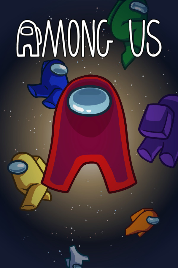 A poster for the video game 'Among Us', with astronaut characters floating in space.