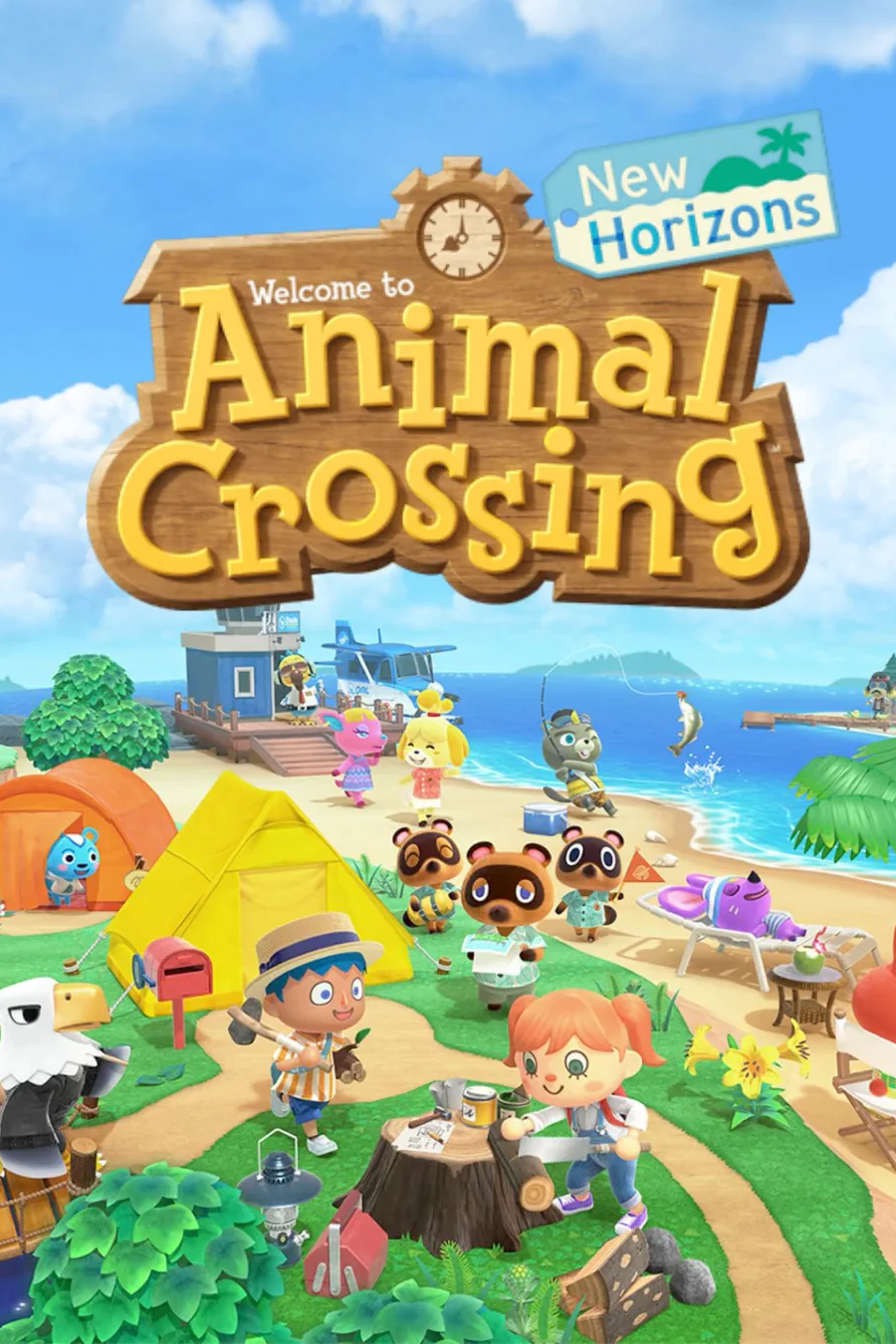 A poster for the video game 'Animal Crossing: New Horizons', with various human and animal characters on an island.