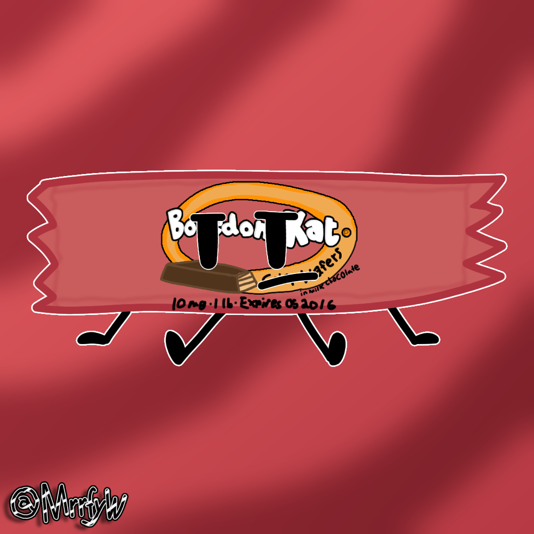 A candy wrapper with black limbs and a face, sitting down and looking unimpressed.