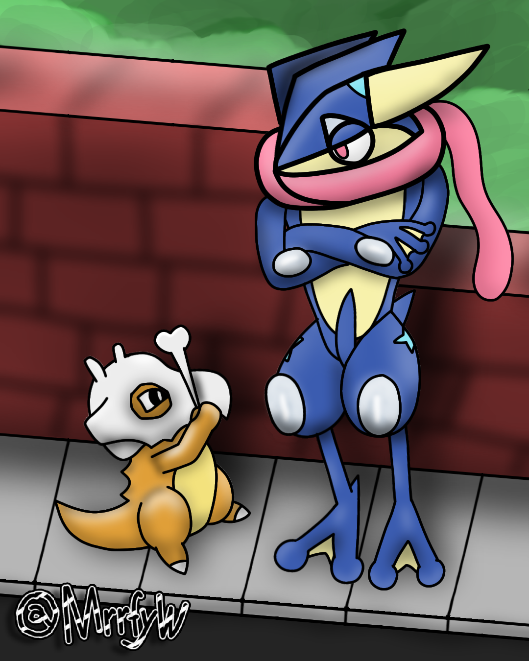 A small dino character giving a bone to a big frog character who is up against a brick wall.