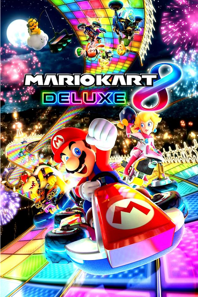 A poster for the video game 'Mario Kart 8: Deluxe', with various characters racing on Rainbow Road.