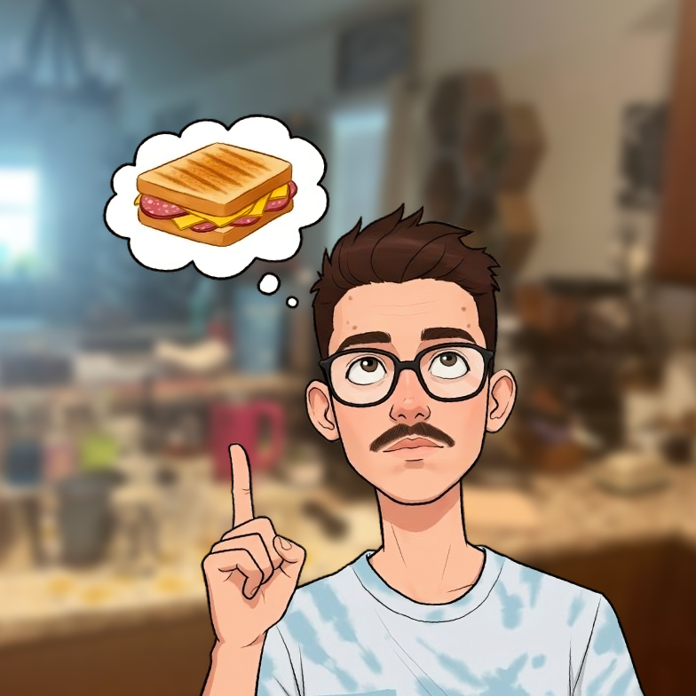 A young person pointing up to a thought bubble that has a grilled cheese sandwich inside of it.