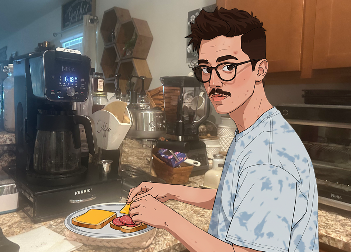 The same young person preparing the grilled cheese sandwich on a countertop, looking back at the viewer.
