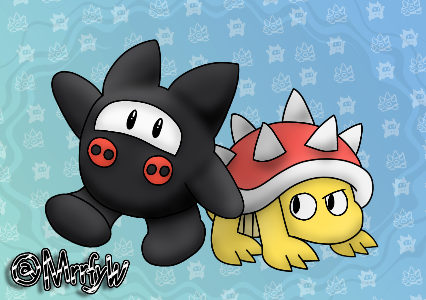 Two small enemy characters, with one raising its hand and resting on the other.