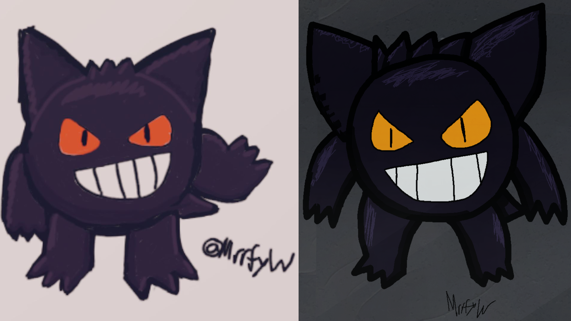 A side by side comparison of two fanart pieces made in separate video games, being a black monster character.