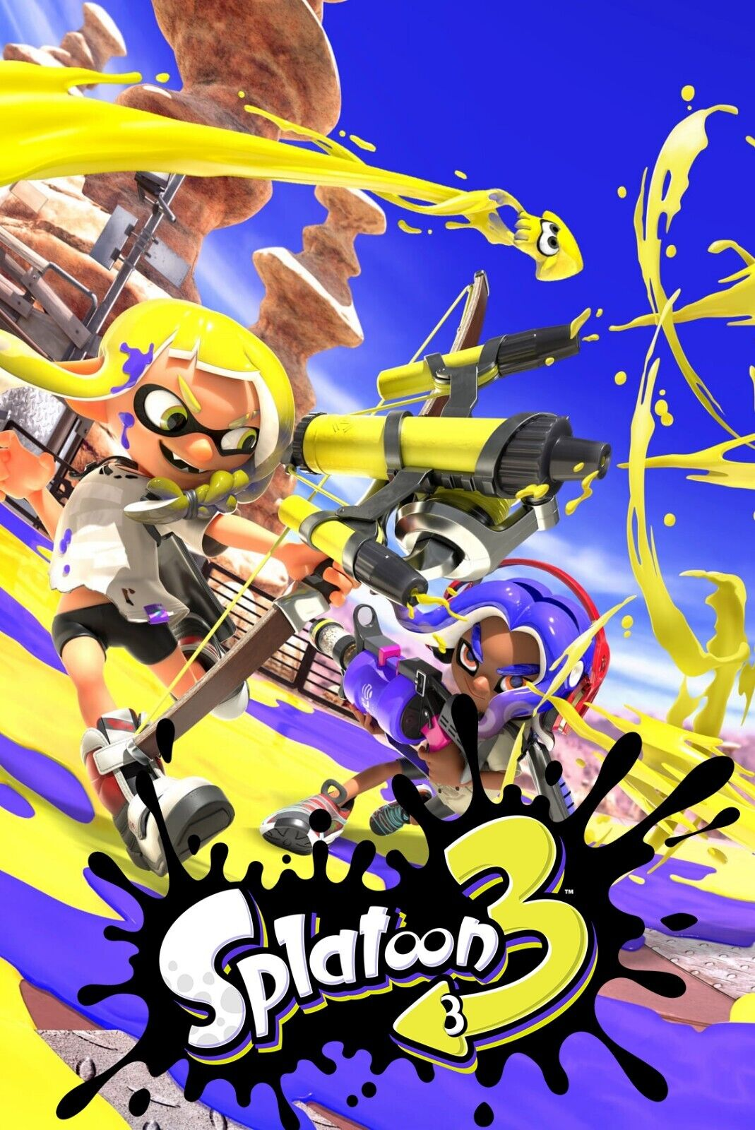 A poster for the video game 'Splatoon 3', with various characters being hit with ink.
