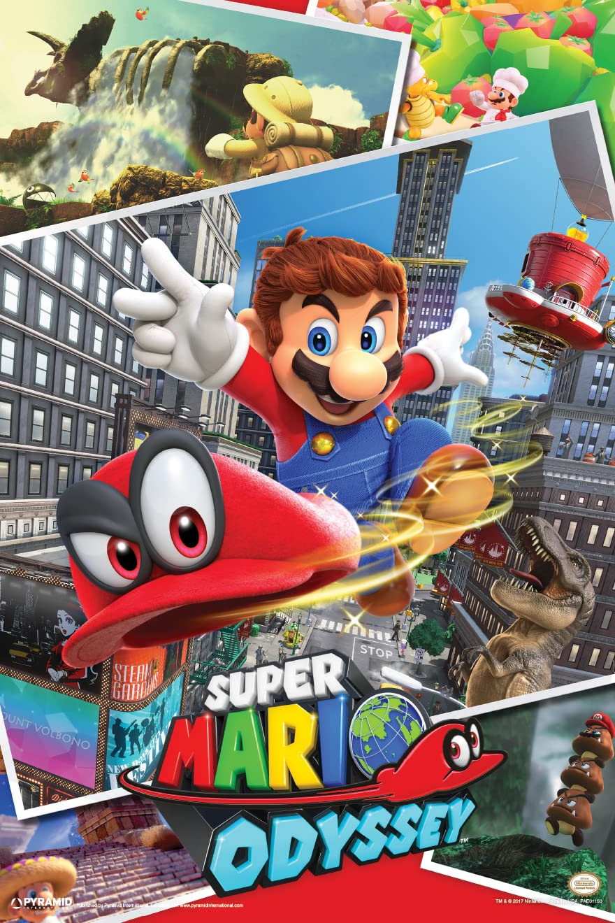 A poster for the video game 'Super Mario Oddysey', with Mario throwing his cap.