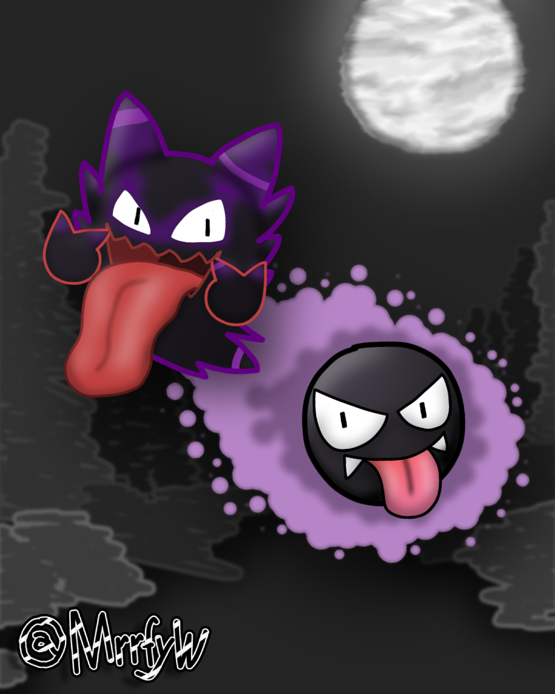 Two ghost characters sticking their tongues out while floating at night in a forest.