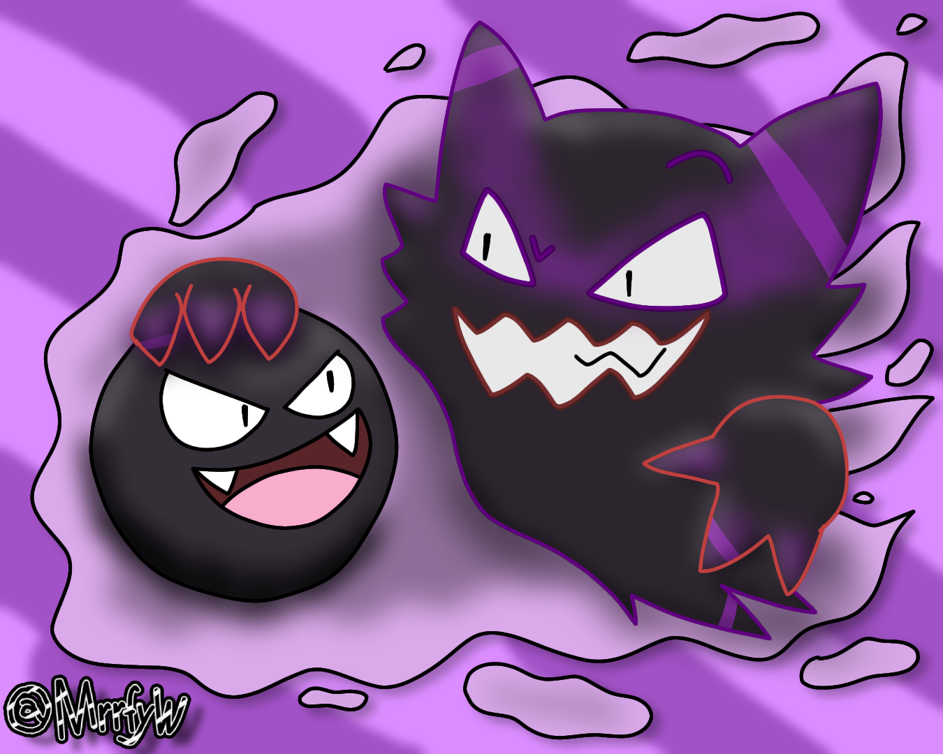 Two ghost characters, with one putting its hand around the other's head and grinning. Both are happy.